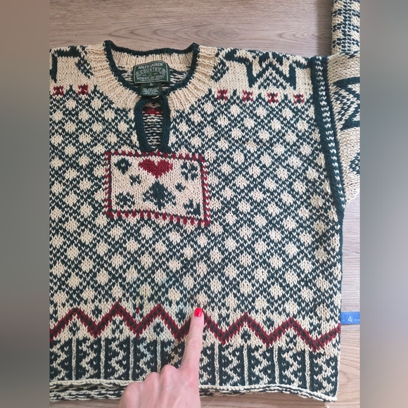 RARE VTG 90s Ralph Lauren Country Cropped Wool Nordic Sweater Large Green Cream - Picture 9 of 11